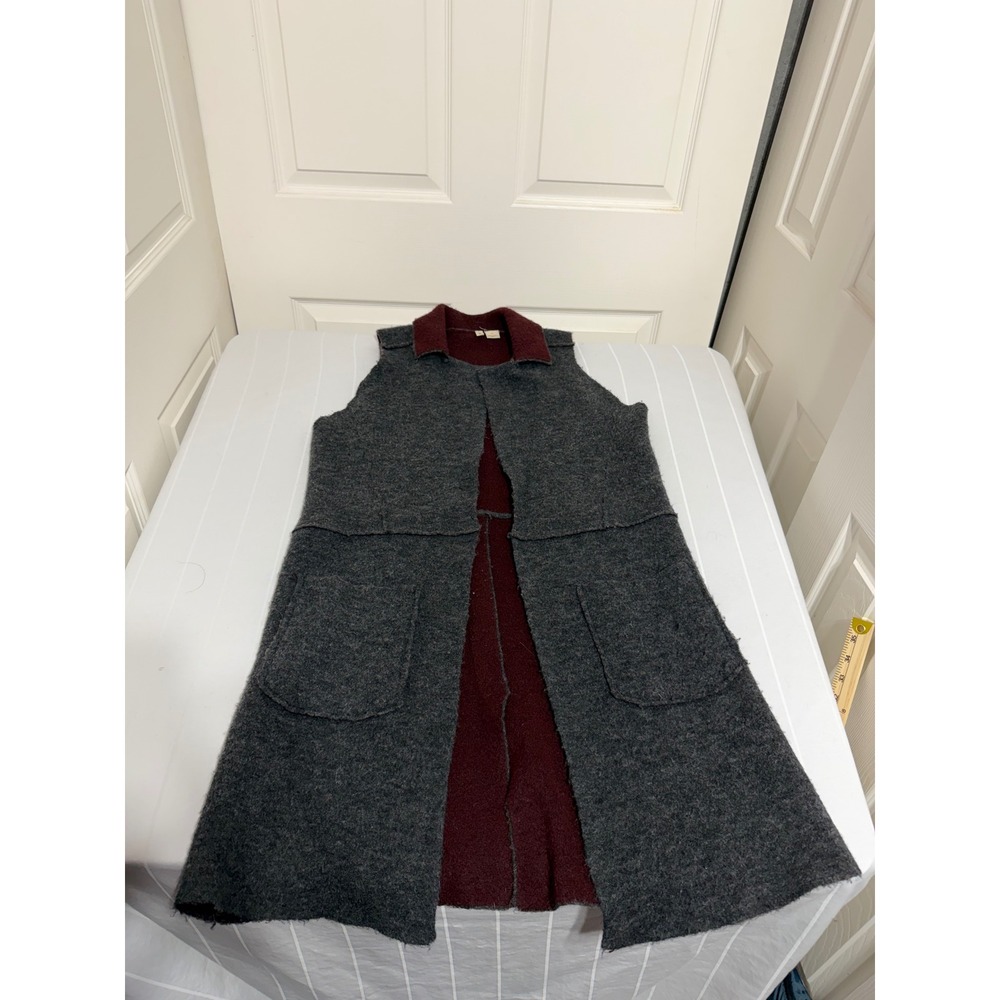 Moth Anthropologie Womens XS/S Longline Wool Blend Vest Grey Burgundy Open Front